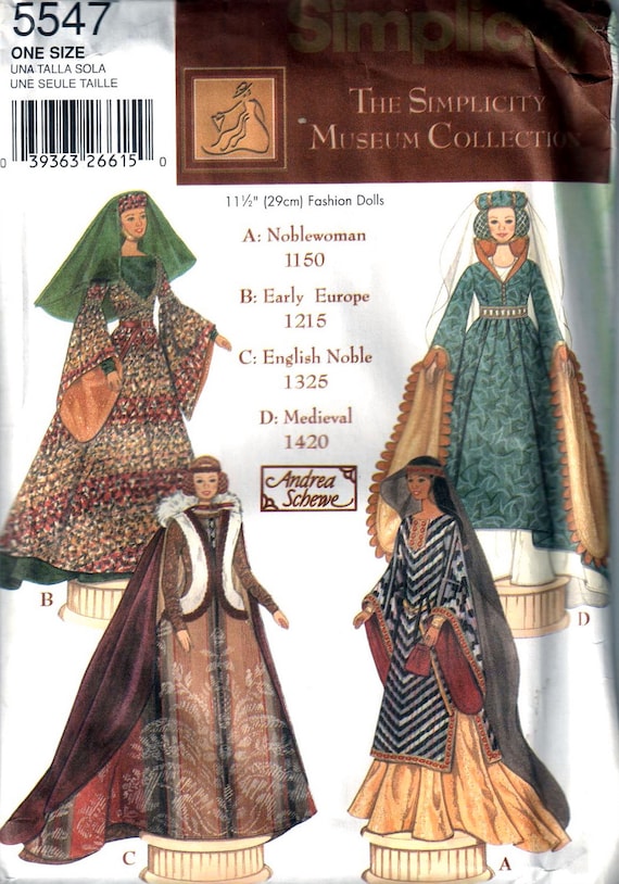 Simplicity 5547 Designer Fashion Doll Clothes Pattern Barbie Doll  Historical Outfits 1150 1420 Sewing Pattern UNCUT
