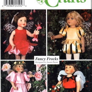 May include: A Simplicity Crafts sewing pattern for making four different doll dresses. The pattern is for one size and features a variety of styles, including a pink dress with a floral crown, a red dress with a pink sash, a yellow dress with green stripes, and a red dress with a black sash. The pattern is titled "Fancy Frocks" and is designed by Susan Payne.