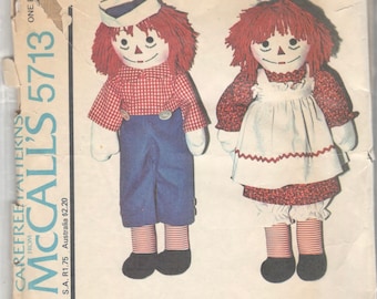 McCalls 5713 Raggedy Ann Andy Pattern Stuffed Rag DOLL and Doll Clothes 10 15 20 25 Inches Transfer Vintage Toy Sewing Pattern UNCUT