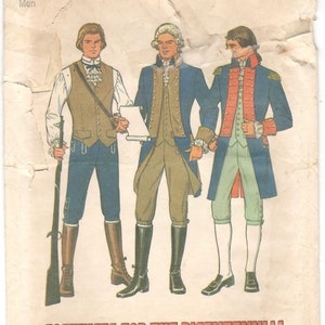 May include: Vintage Simplicity pattern for men's costumes, size 44, chest 44 inches. The pattern features illustrations of three historical outfits, including coats, vests, and breeches. The text "COSTUMES FOR THE BICENTENNIAL" is displayed at the bottom.