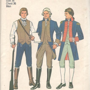 Simplicity 6741 1776 Military Costume Pattern Bicentennial Coat Waistcoat Shirt Breeches Vintage 1970s Mens Sewing Pattern Chest 36 UNCUT