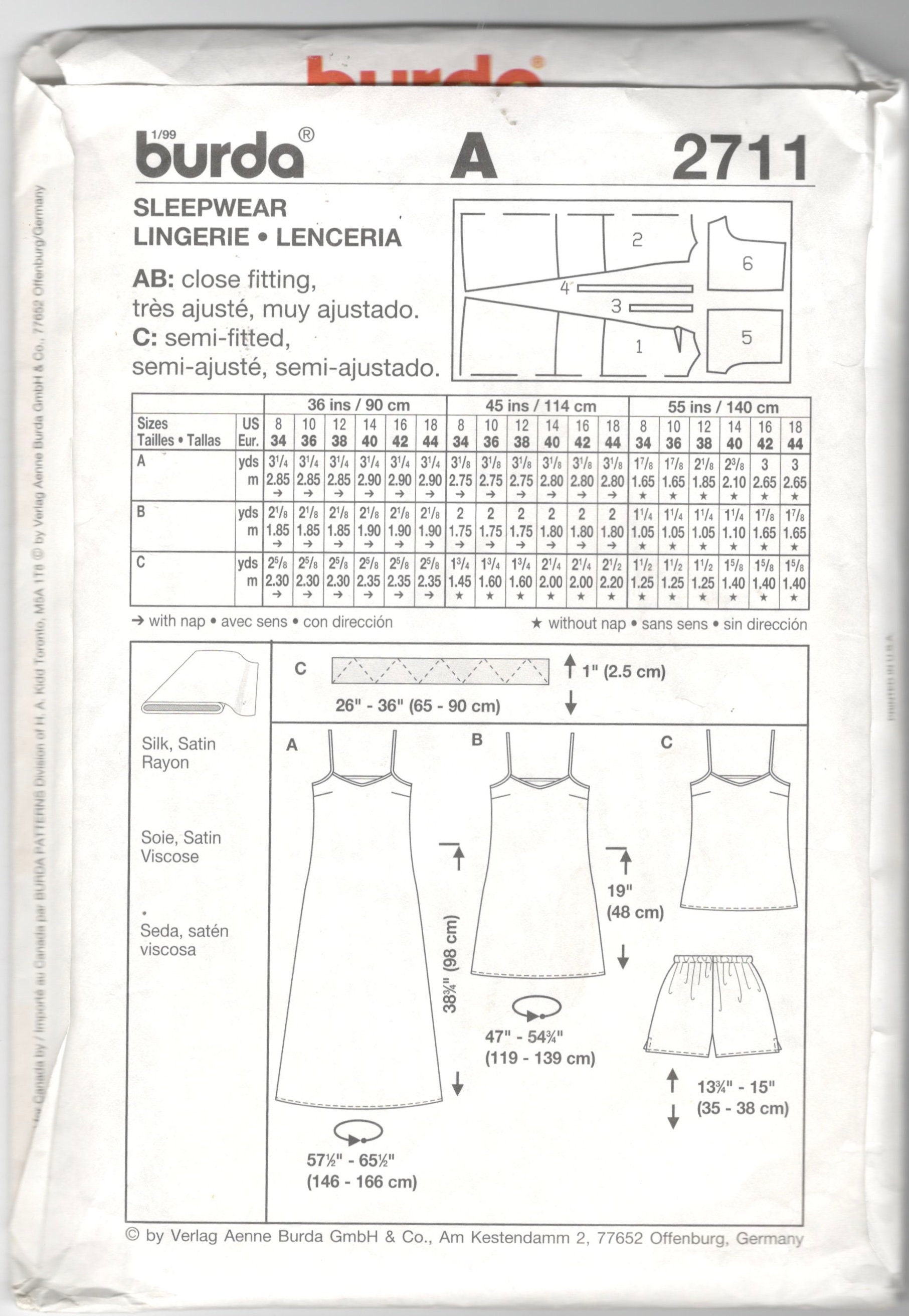 Burda 2711 Misses Nightgown Two Lengths Pajamas Camisole Shorts Pattern ...