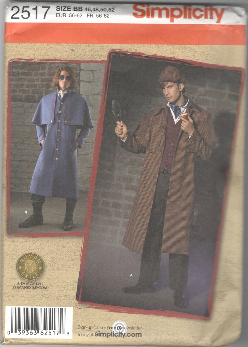 Simplicity 2517 Mens Sherlock Holmes Costume Pattern Coat and Hat Victorian Ulster Steampunk Sewing Chest 38 40 42 44 Or 46 48 50 52