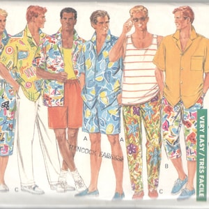 May include: A sewing pattern for men's clothing. The pattern includes five different styles of shirts and shorts. The shirts are all short-sleeved and have a variety of patterns. The shorts are all knee-length and have a variety of patterns. The pattern is labeled "Butterick 3734 Classics" and "Very Easy/Très Facile".