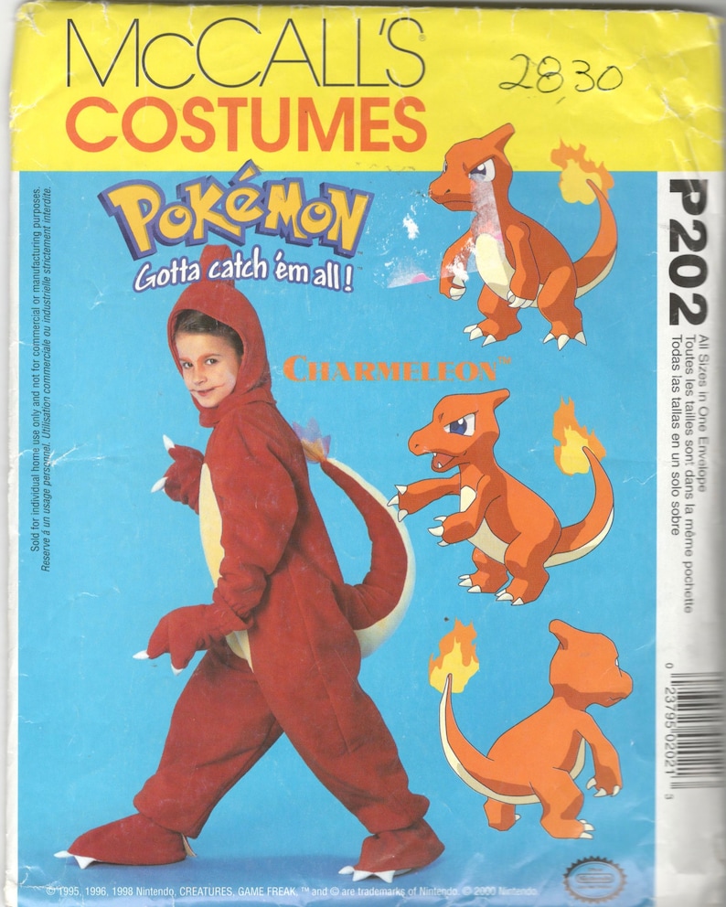 McCalls 2830 P202 Childs POKEMON Costume Pattern CHARMELEON Boys Girls Sewing Pattern Size 4 5-6 Breast Chest 23-28 Or 4 5-6 7-8