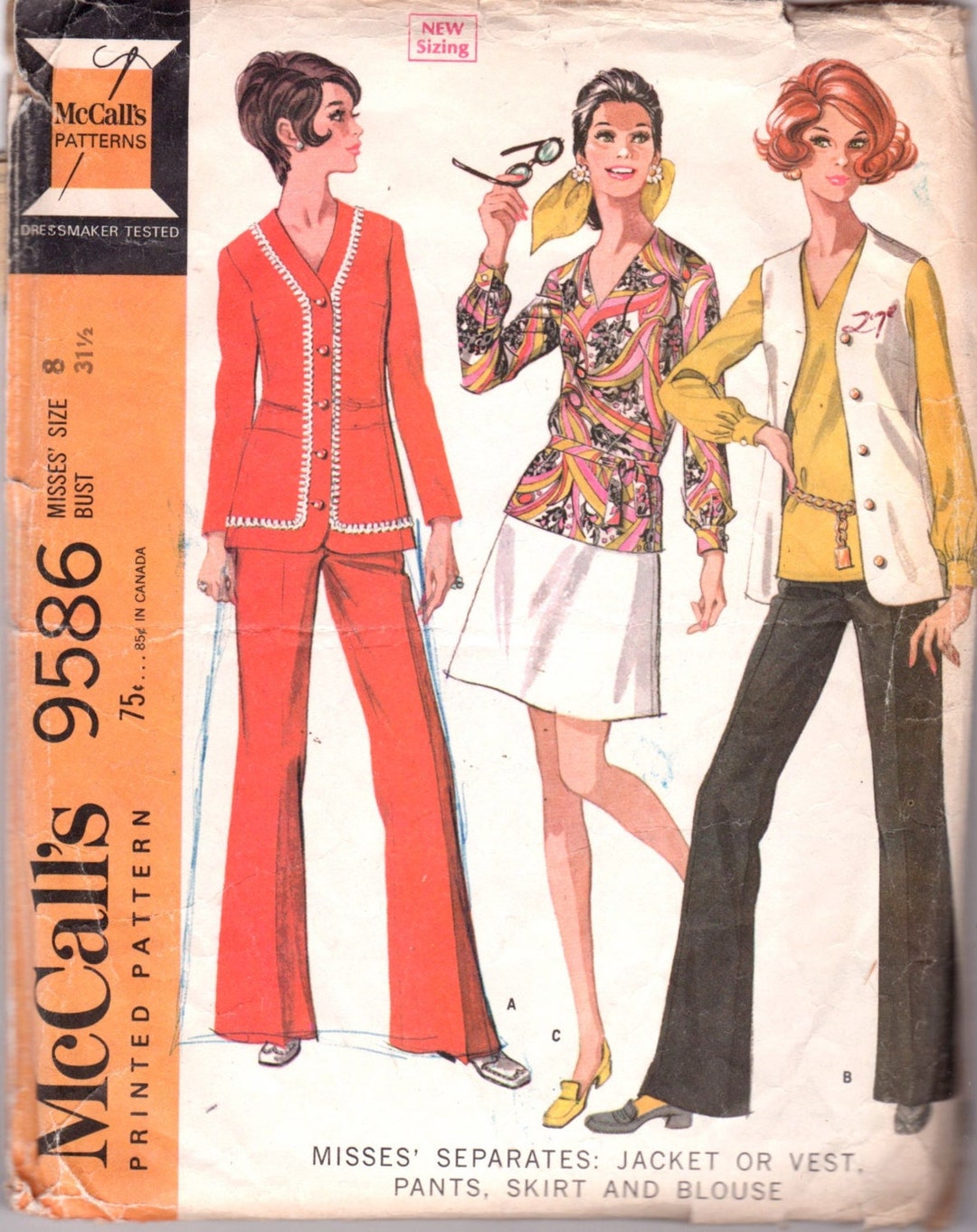Mccalls 9586 1960s Misses Mod Jacket Vest Bell Bottom Pants Skirt V ...
