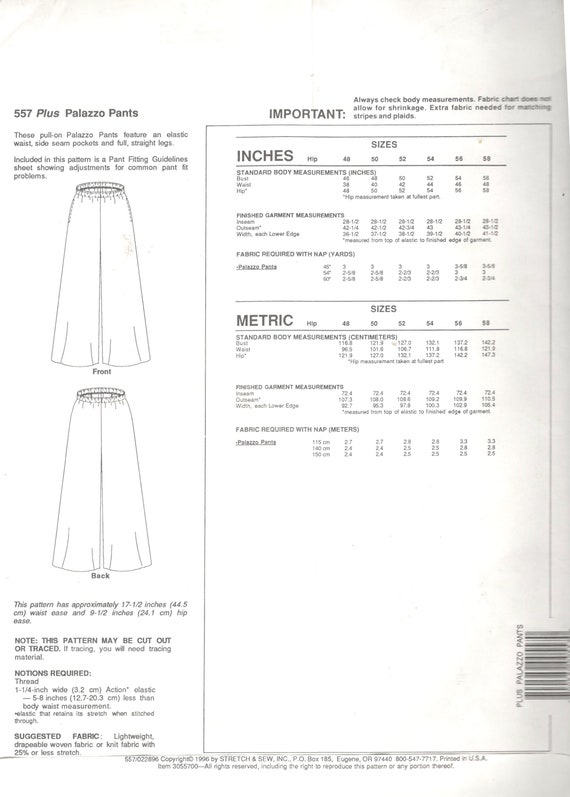 Stretch & Sew 557 Womens Plus Palazzo Pants Sewing Pattern Size 1X 2X 3X  Bust 46 58 