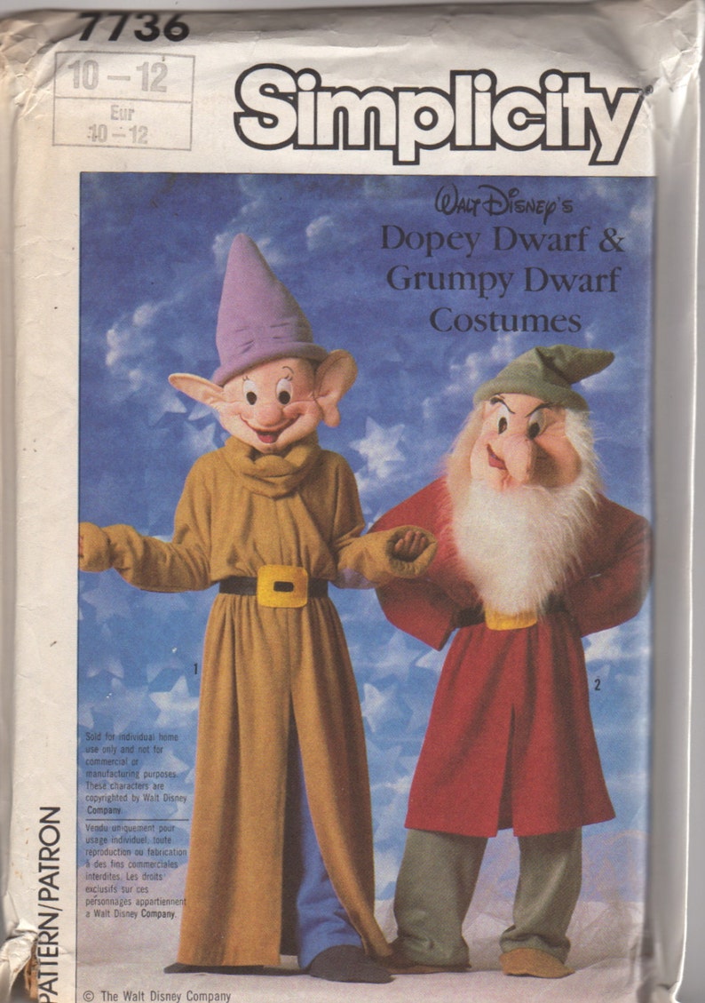 Simplicity 7736 Boys Girls Childrens Disney Dwarf Costume Pattern DOPEY GRUMPY Childs Sewing Pattern Size 10 12 Or 6 8 Or 2 4 UNCUT image 1