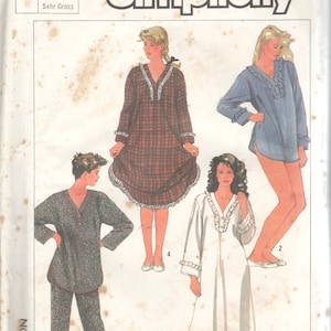 May include: Simplicity sewing pattern number 7184 for a nightgown or pajama set. The pattern includes four different styles: a plaid nightgown, a blue nightgown, a white nightgown, and a pajama set with a top and pants. The pattern is for sizes X-Large.