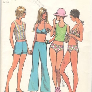 Simplicity 5026 1970s Misses Bikini Tank Top and Hip Hugger Pants Shorts Pattern Womens Vintage Sewing Pattern Size 12 Bust 34 UNCUT