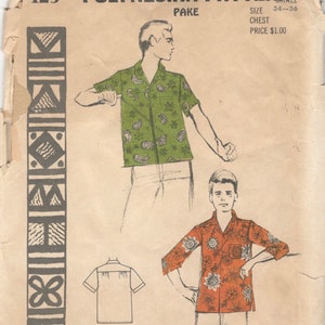 Polynesian Pattern 129 Mens Beach Pake Shirt Pattern Sleeve Options Adult Vintage Sewing Pattern Size Small Chest 34 36 UNCUT