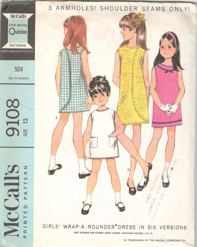 McCalls 9108 1960s Girls 3 Armhole Wrap Arounder Dress Pattern Childs Childs Mod Vintage Sewing Pattern Size 12 Breast 30 NO INSTRUCTIONS image 4