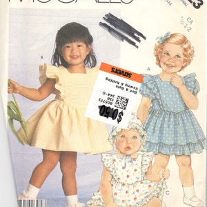 1980s McCalls 3023 Babies Toddlers Dress Panties and Hat Pattern Square Neckline Basque Waist Girls Pattern Size 1/2 1 2  B 19 20 21 UNCUT