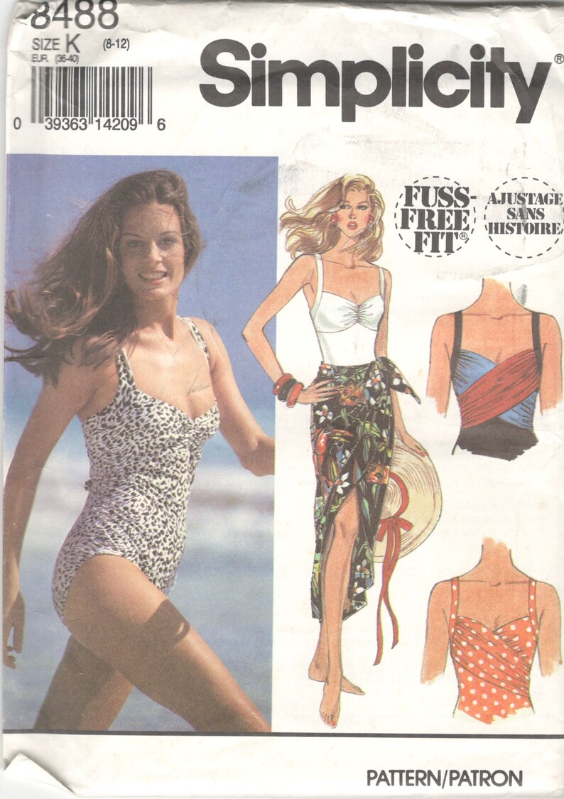 Simplicity 8488 Misses Draped One Piece Swimsuit Wrap Skirt Pareo Pattern Womens Vintage Sewing Pattern Size 8 10 12,14 16 18 Or 20 22 24 image 1