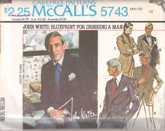 McCalls 5743 1970s Mens JACKET Pattern Designer John Weitz Adult Formal Casual Vintage Sewing Pattern Chest 42 or 46