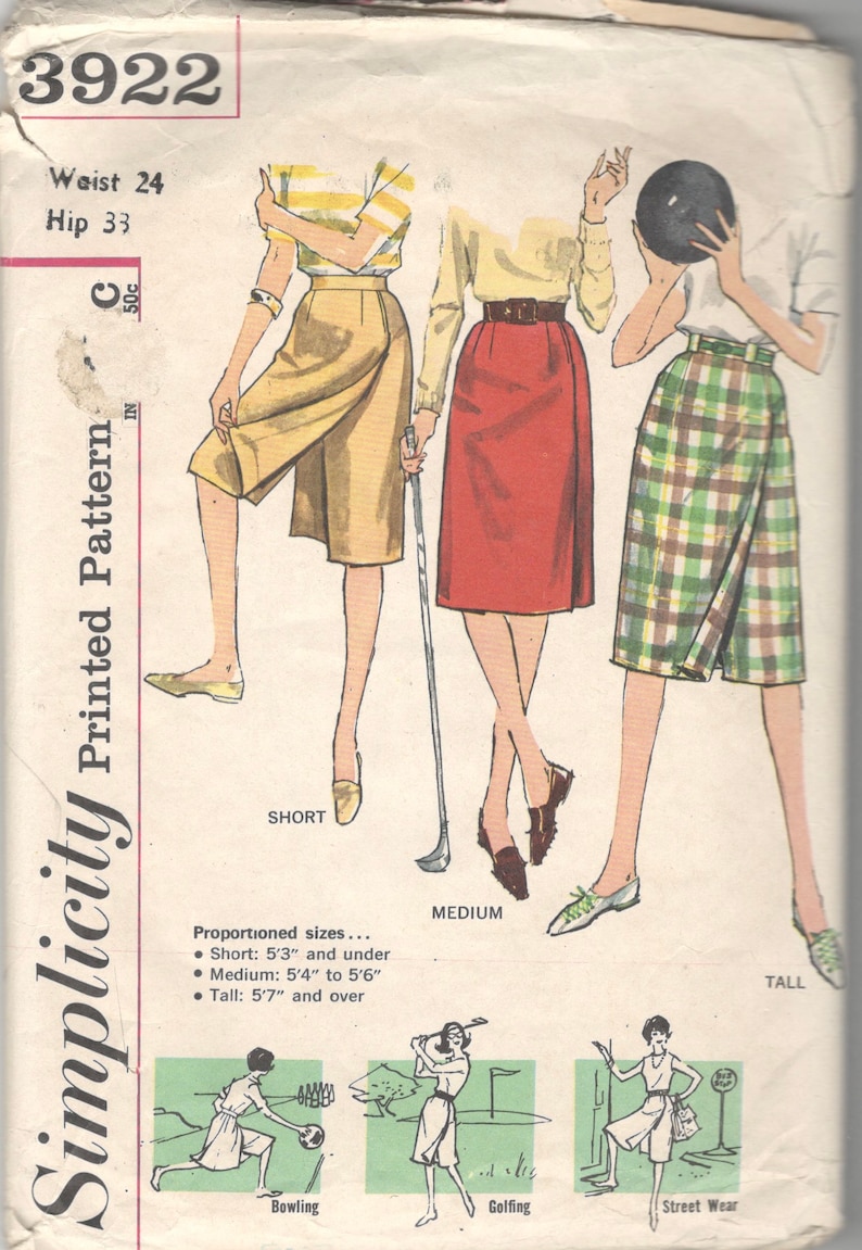 1960s Simplicity 3922 Misses Sporty Proportioned Pantskirt Pattern Golf Bowling Street Womens Vintage Sewing Waist 23 or 24 image 1