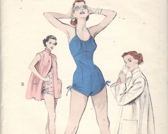 Butterick 6536 1950s Misses Shirred 1 Piece Button Back Halter Swimsuit and Beach Coat Pattern Womens Vintage Sewing Pattern Size 12 Bust 30