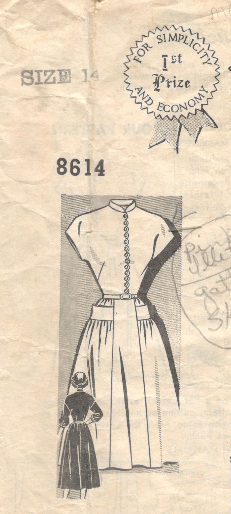 Mail Order 8614 1940s Misses Dress Pattern Frock with Mandarin Collar Womens Vintage Sewing Pattern Size 14 Bust 32 image 1