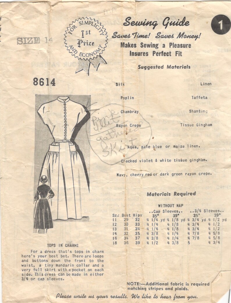 Mail Order 8614 1940s Misses Dress Pattern Frock with Mandarin Collar Womens Vintage Sewing Pattern Size 14 Bust 32 image 2