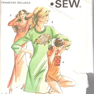 Kwik Sew 630 1970s Misses Nightshirt Pattern 3 Lengths Embroidery Transfer Womens Vintage Sewing Pattern Size Xs S M L XL Bust 31-45 UNCUT