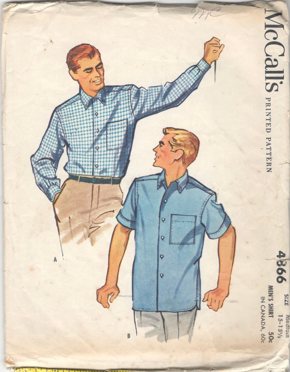 Mccalls 4866 1950s Mens Shirt Pattern Adult Vintage Sewing Pattern Size ...
