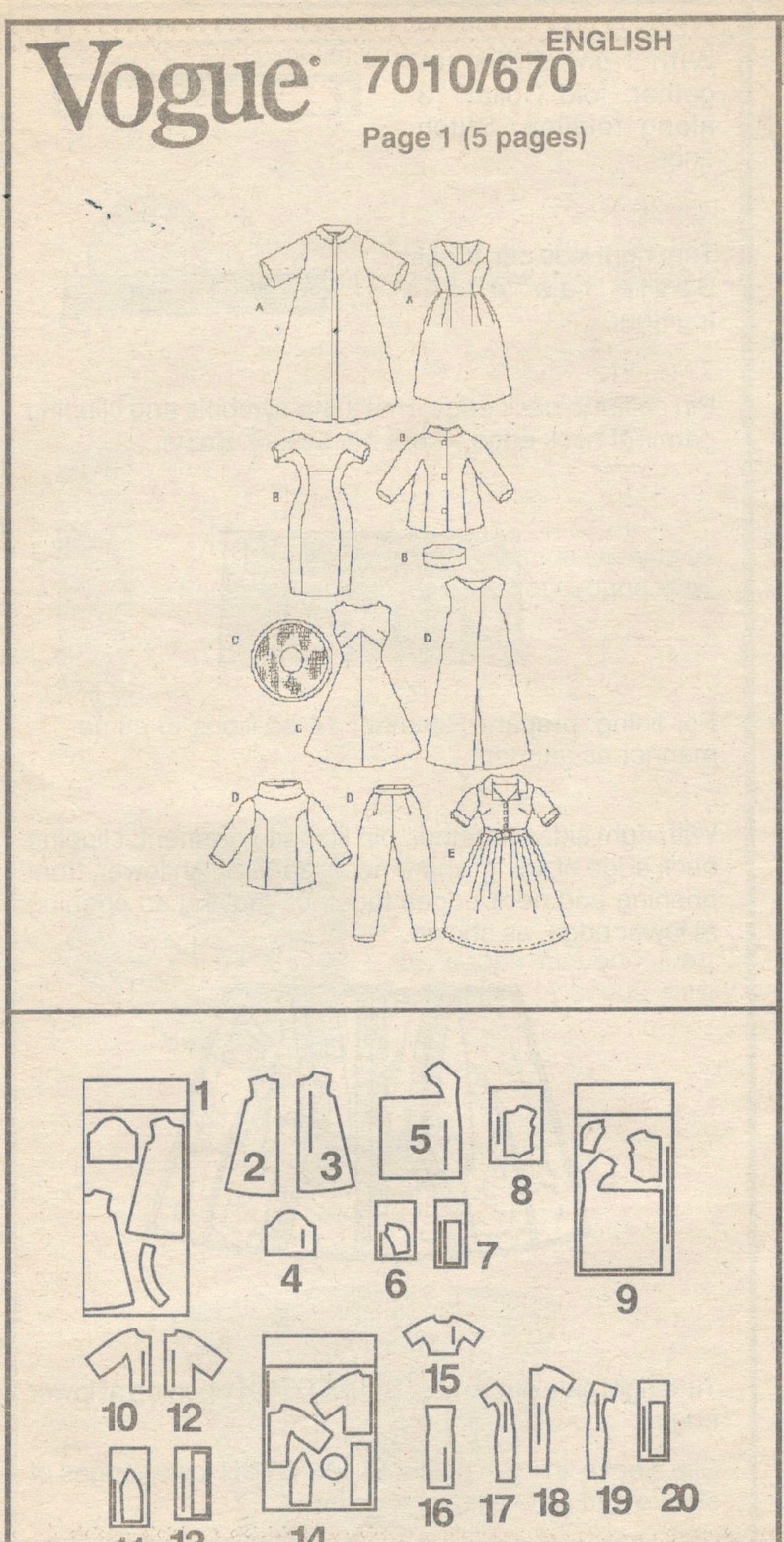 Vogue 7010 1960s Style 11 12 Inch Barbie Doll Clothes Pattern 5 Outfits Dress Coat Hat Coat Pants Jacket Vest Bag Sewing Pattern