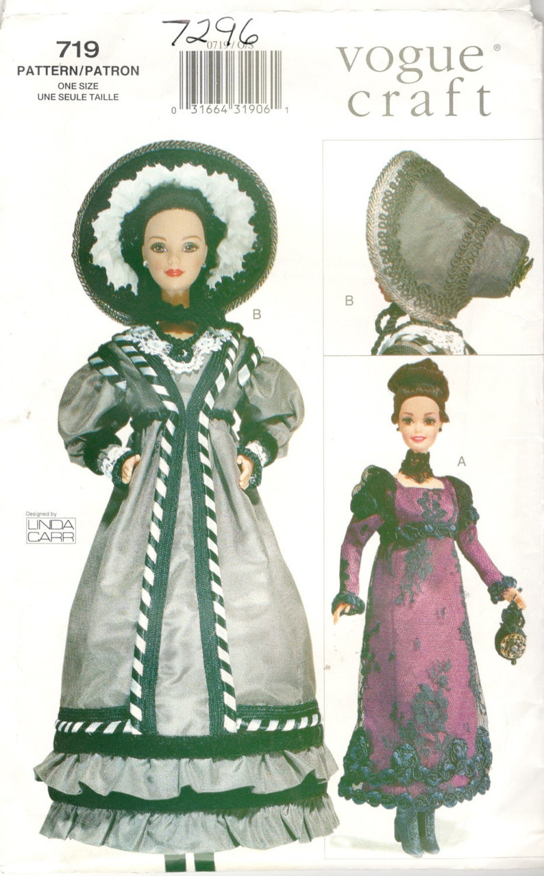 Vogue 7296 719 Linda Carr Fashion Doll Clothes Pattern 11 12 Inch Barbie Dress Choker Bag Bonnet Historical 1820 1830 Sewing Pattern UNCUT
