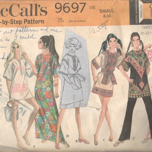 May include: A vintage sewing pattern for a dress in four lengths. The pattern is McCall's 9697, size small (8-10). The pattern includes instructions for cutting out the pattern and one picture as a guide. The pattern is for misses' dresses.