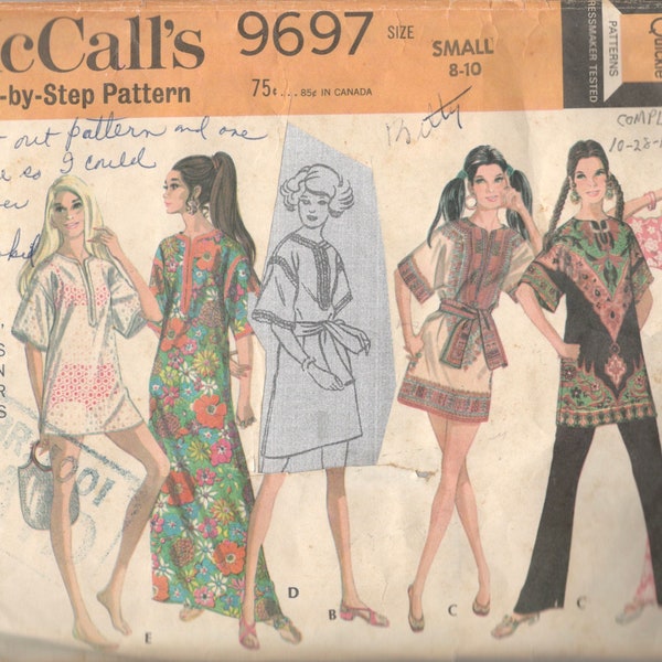 McCalls 9697 1960s Misses Pullover  DASHIKI Mini Dress Tunic CAFTAN Cover Up Pattern Womens Vintage Sewing Size Small