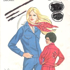 May include: A vintage sewing pattern for a Western-style jacket. The pattern is for sizes 6-8-10 and is from Kwik-Sew. The pattern features a woman wearing a blue denim jacket and a red bandana. The pattern also features a child wearing a red denim jacket.
