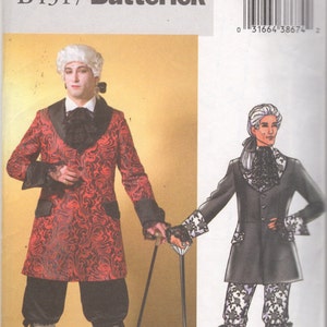 May include: A vintage sewing pattern for a men's costume. The pattern is for a long coat with a black and red floral design, black pants, and a white wig. The pattern is from Butterick and is size 34-36-38-40.