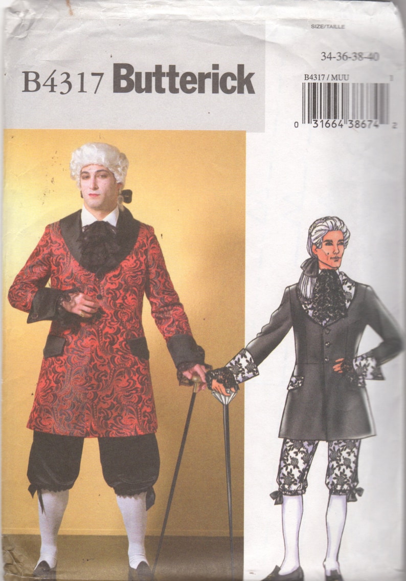 Butterick 4317 BP365 Mens Historic Costume Pattern French Aristocrat Louis XIV Breeches Coat Jabot Sewing Chest 34 36 38 40 OR 42 44 46 48