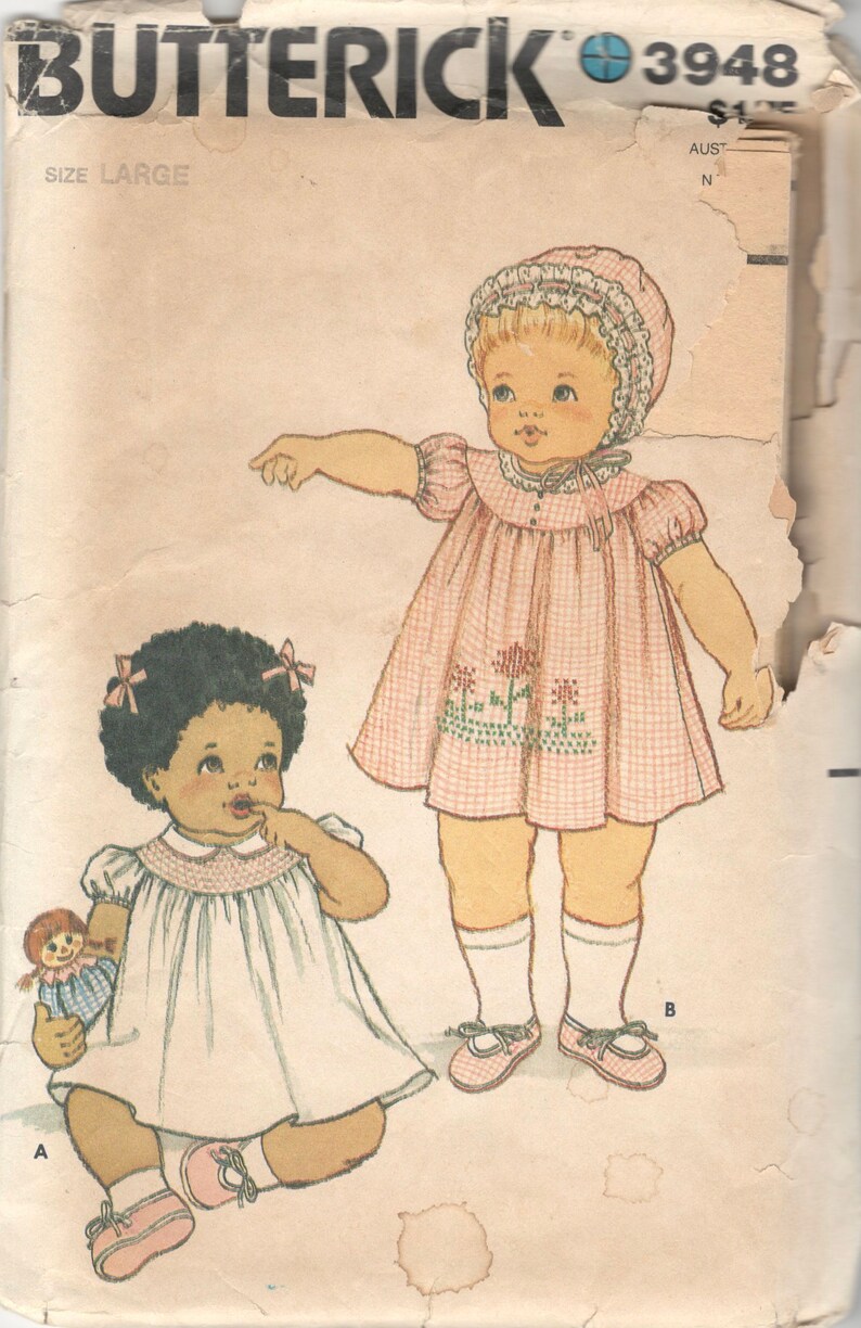 Butterick 3948 1980s Infants Dress Bonnet Slippers and Panties Pattern Baby Girls Sewing Pattern Size Small or Lg or X Large image 3