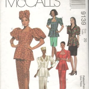 McCalls 9139 mist rok in twee lengtes peplum topje en hoed afrocentrisch patroon damesnaaipatroon maat 20 buste 42 of 24 buste 46 ONBESNEDEN