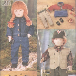 May include: A sewing pattern for making doll clothes. The pattern includes instructions for making a denim jacket and pants, a fishing vest and shorts, a raincoat and pants, and a sweater and pants. The pattern is for one size and is designed by Linda Carr.