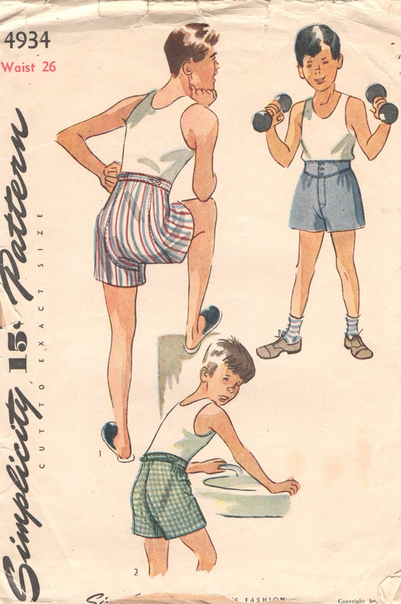 Simplicity 4934 1940s Boys Adustable Waist Button Front French Yoked BOXER  SH0RTS Pattern Childs Vintage Sewing Pattern Waist 26 