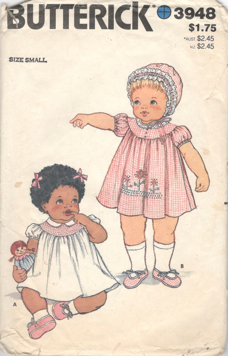 Butterick 3948 1980s Infants Dress Bonnet Slippers and Panties Pattern Baby Girls Sewing Pattern Size Small or Lg or X Large image 1