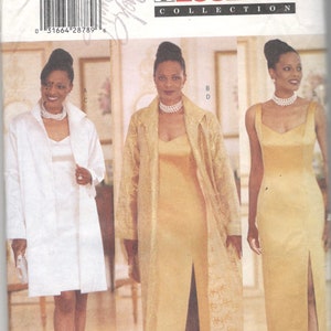 May include: A sewing pattern for a long dress with a slit in the front. The pattern is for sizes 14-16-18 and is from the Essence Collection by Butterick.