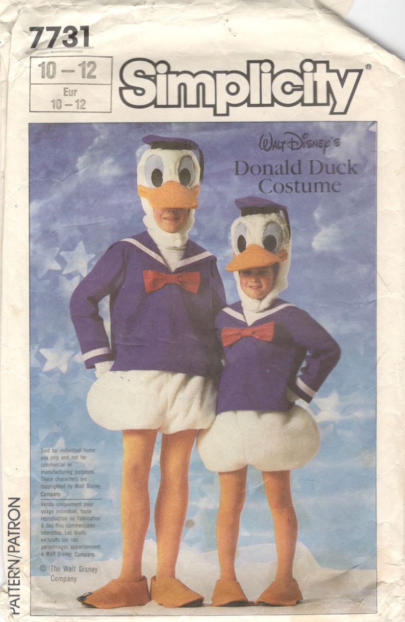 Simplicity 7731 1980s Childs DONALD DUCK Costume Pattern Boys Girls Vintage Sewing Pattern Size 10 12 image 1