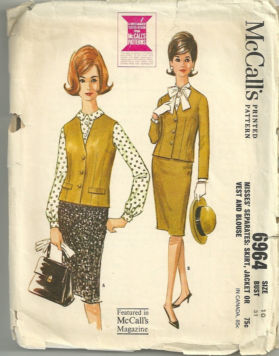 1960s Mccalls 6964 Misses Suit Pattern Vest Jacket Blouse and Slim ...