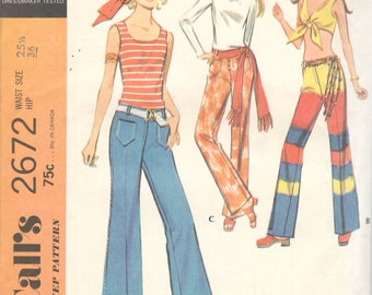 Vintage 70s McCalls 2672 Bell Bottom Hip Hugger Pants Pattern Waist 25.5  Hips 36