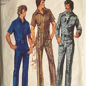 May include: Vintage Simplicity sewing pattern featuring three jumpsuit designs. The pattern includes measurements for a size 40 chest, 34-inch waist, and a 12-inch belt. The text on the pattern reads "Men".