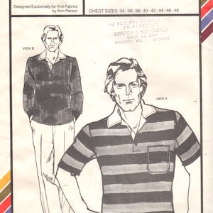 May include: A sewing pattern for a men's rugby shirt. The pattern includes two views: a long-sleeved shirt and a short-sleeved shirt. The pattern is designed for knit fabrics and includes instructions for sizes 34 to 48.