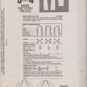 May include: A sewing pattern for a caftan with a round neckline or mandarin collar. The pattern includes instructions for a front zipper closing, full-length kimono sleeves, and side slits at the hemline. The pattern is suitable for knits.