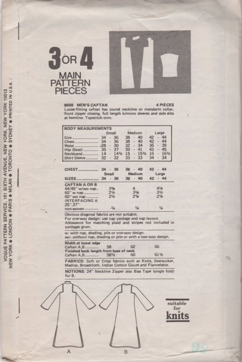 May include: A sewing pattern for a caftan with a round neckline or mandarin collar. The pattern includes instructions for a front zipper closing, full-length kimono sleeves, and side slits at the hemline. The pattern is suitable for knits.