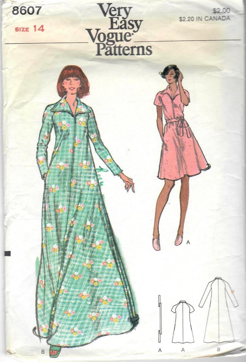 Front Zip Robe Sewing Pattern 1970s Vogue 8607 Misses Very Easy Front Zip Robe Pattern 2 Lengths Tent ...