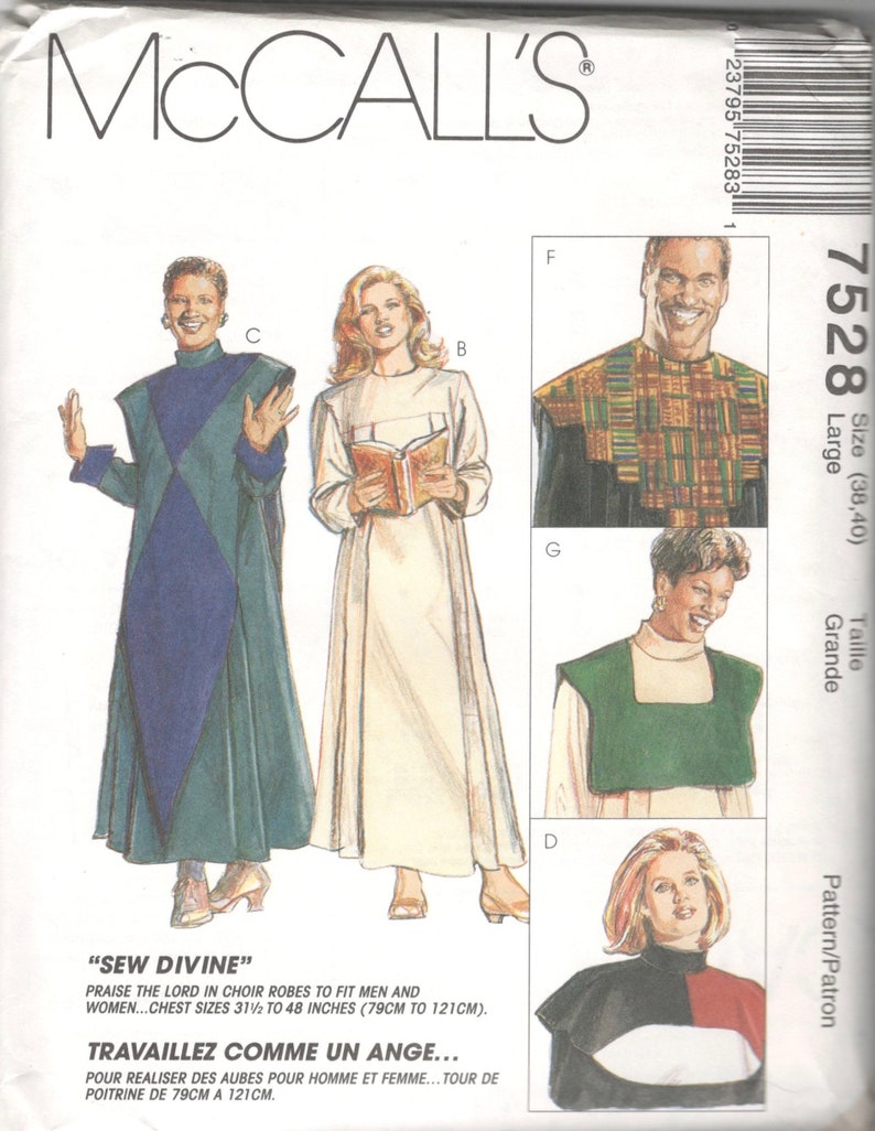 McCalls 7528 Sew Divine Choir Robes Pattern 5 Collar Options Mens Womens Un...