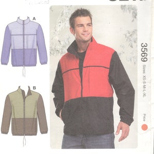 Könnte beinhalten: Nähmuster für eine Jacke mit Reißverschluss. Das Muster ist für die Größen XS-S-M-L-XL und stammt von Kwik Sew. Das Muster zeigt eine rot-schwarz-graue Jacke, eine lila Jacke und eine grün-braune Jacke.