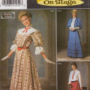 May include: Simplicity Costumes sewing pattern featuring three historical costume designs. The main image shows a woman in a floral print dress with a white collar and red belt. The pattern includes sizes 6, 8, 10, and 12.