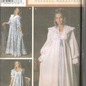 May include: Simplicity Vintage Closet sewing pattern showing a long white gown with lace trim and a blue ribbon, and a floral print gown. The pattern is size L, XL.